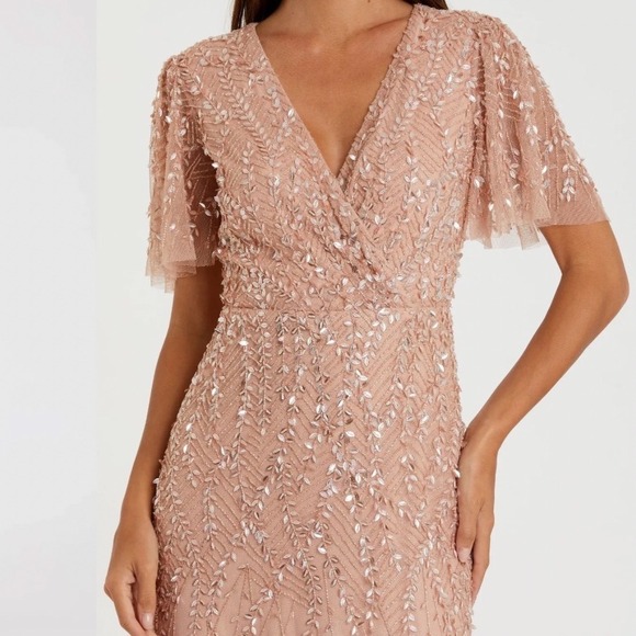 NEW Mac Duggal Pink Nude 10 Embellished V Neck Short Flutter Sleeve Gown 35109‎